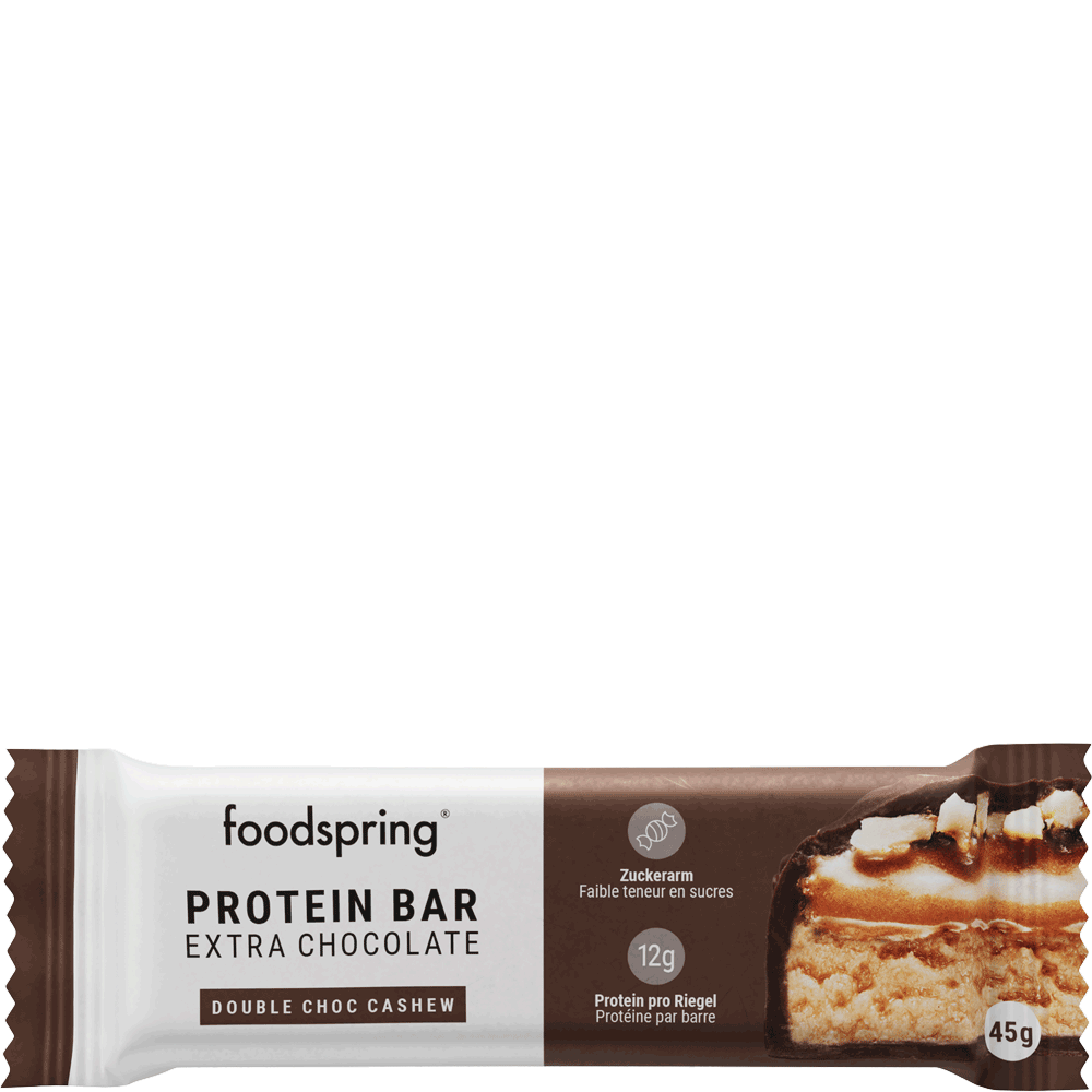 Bild: foodspring Portein Bar Extra Chocolate Double Choc Cashew 