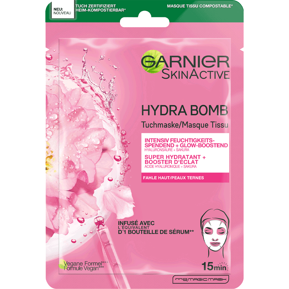 Bild: GARNIER Hydra Bomb Glow Boost Tuchmaske Sakura-Extrakt 