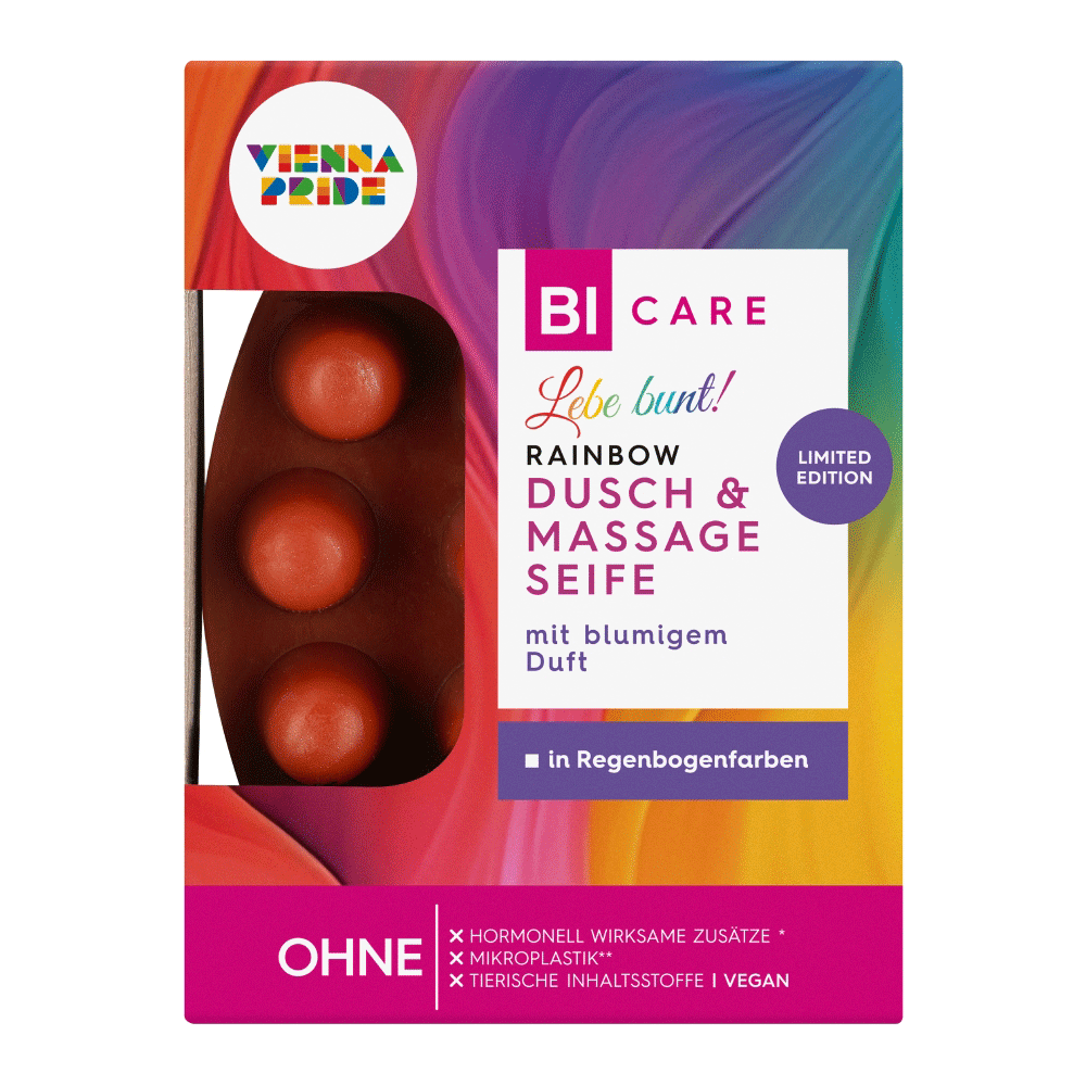 Bild: BI CARE Massageseife Pride Limited Edition in Regenbogenfarben 