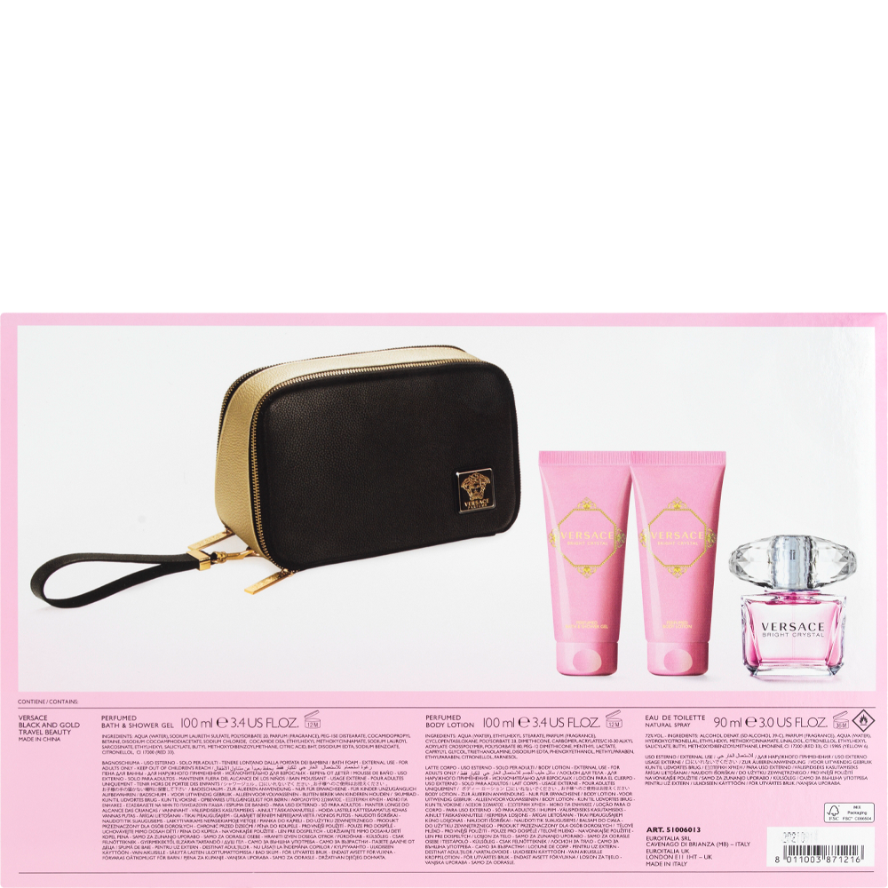 Bild: Versace Bright Crystal Geschenkset Eau de Toilette 90 ml + Duschgel 100 ml + Bodylotion 100 ml + Kosmetiktasche 