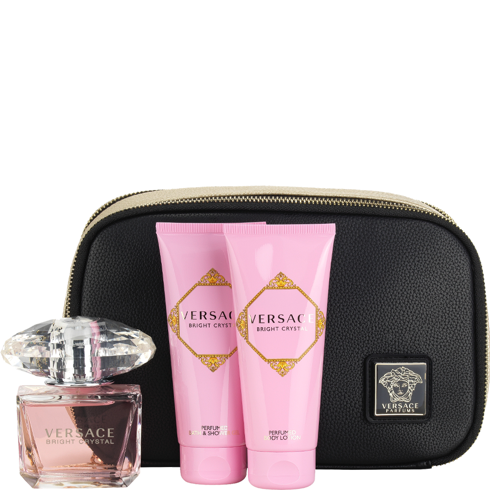 Bild: Versace Bright Crystal Geschenkset Eau de Toilette 90 ml + Duschgel 100 ml + Bodylotion 100 ml + Kosmetiktasche 