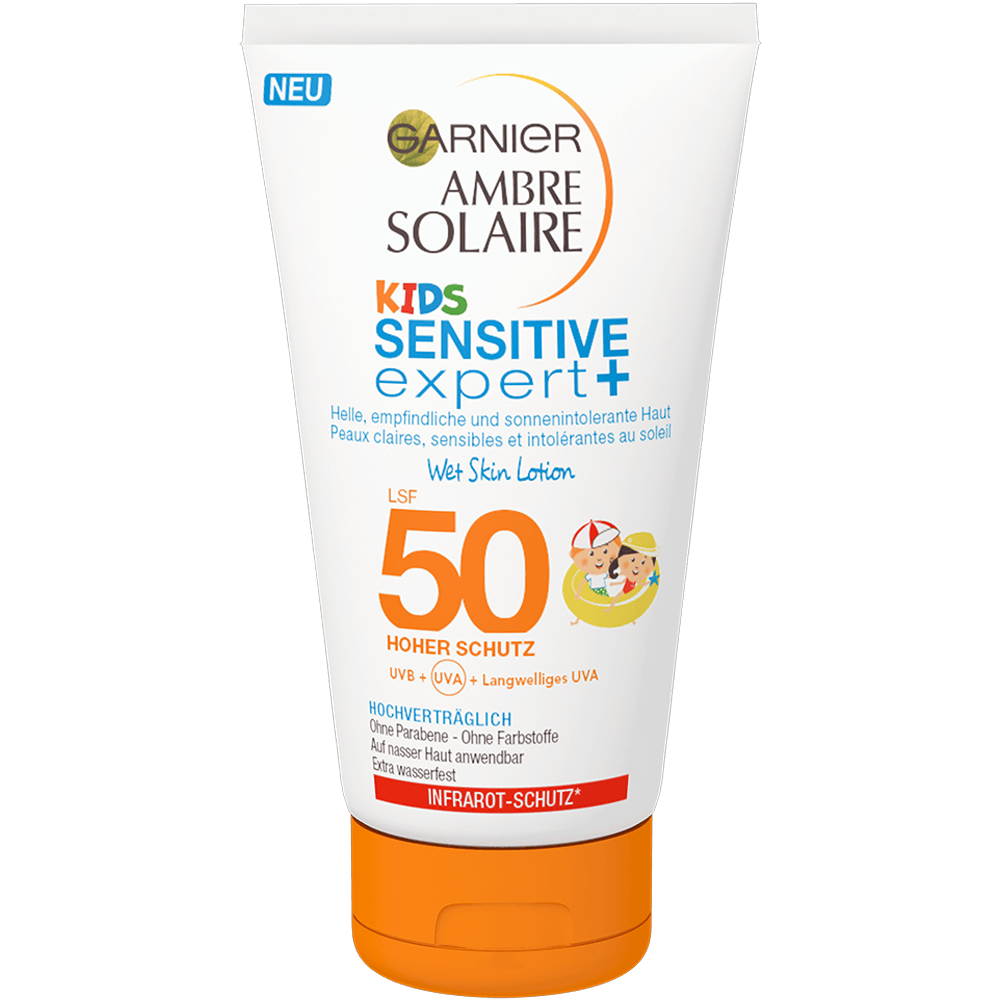 Bild: GARNIER AMBRE SOLAIRE Kids Sensitive Expert+ Wet Skin Lotion LSF 50 