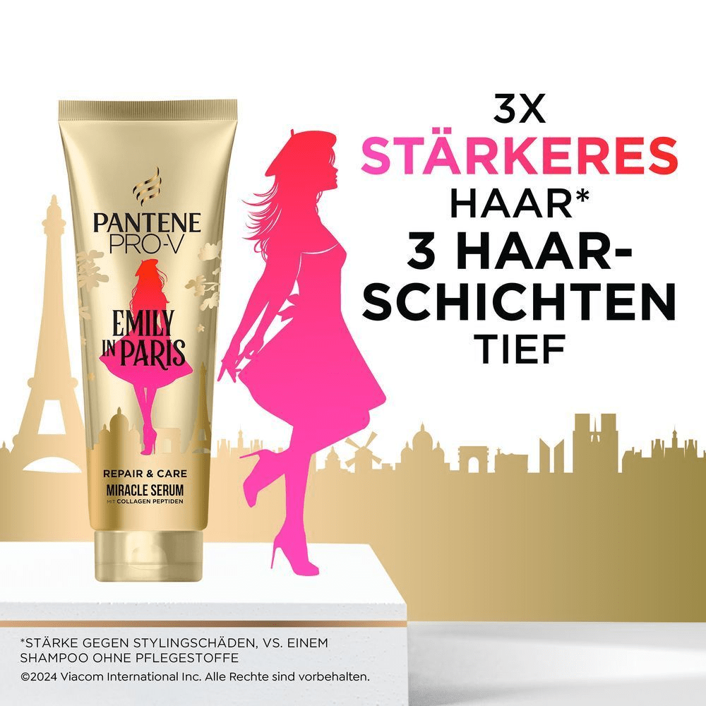 Bild: PANTENE PRO-V x Emily in Paris Repair & Care Miracle Serum Pflegespülung & Intensivkur 