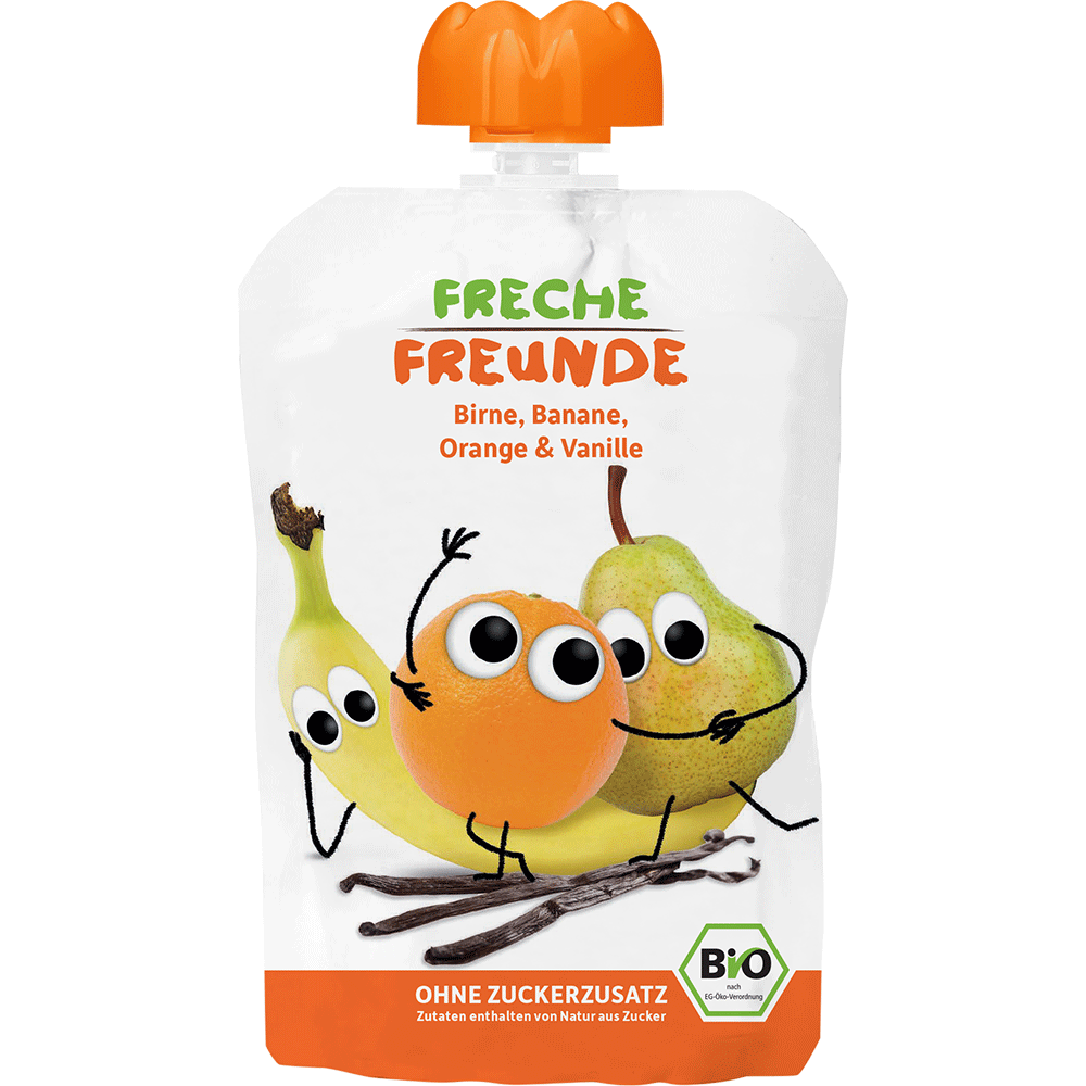 Bild: Freche Freunde Quetschbeutel Birne, Banane, Orange, Vanille 