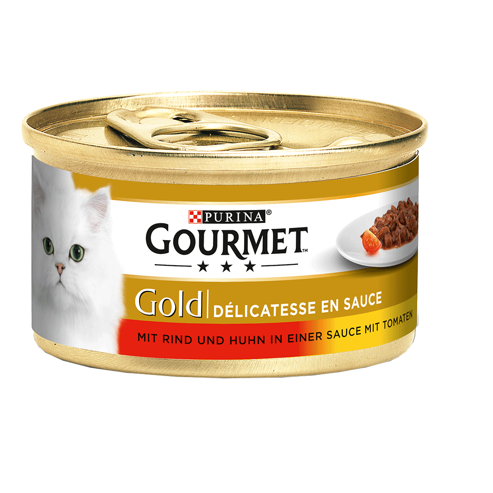 Bild: GOURMET Gold Délicatesse in Sauce mit Rind und Huhn mit Tomaten 