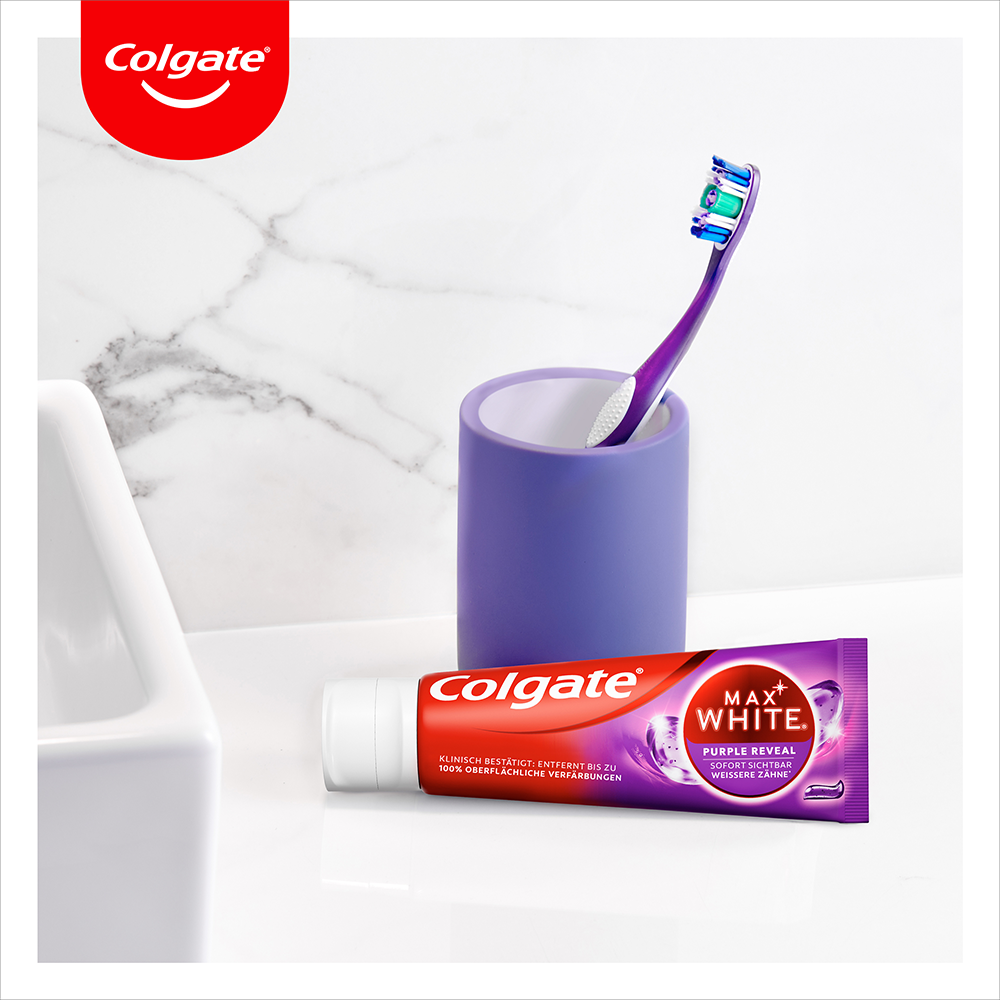 Bild: Colgate Max White Purple Reveal Instant Whitening-Zahnpasta 