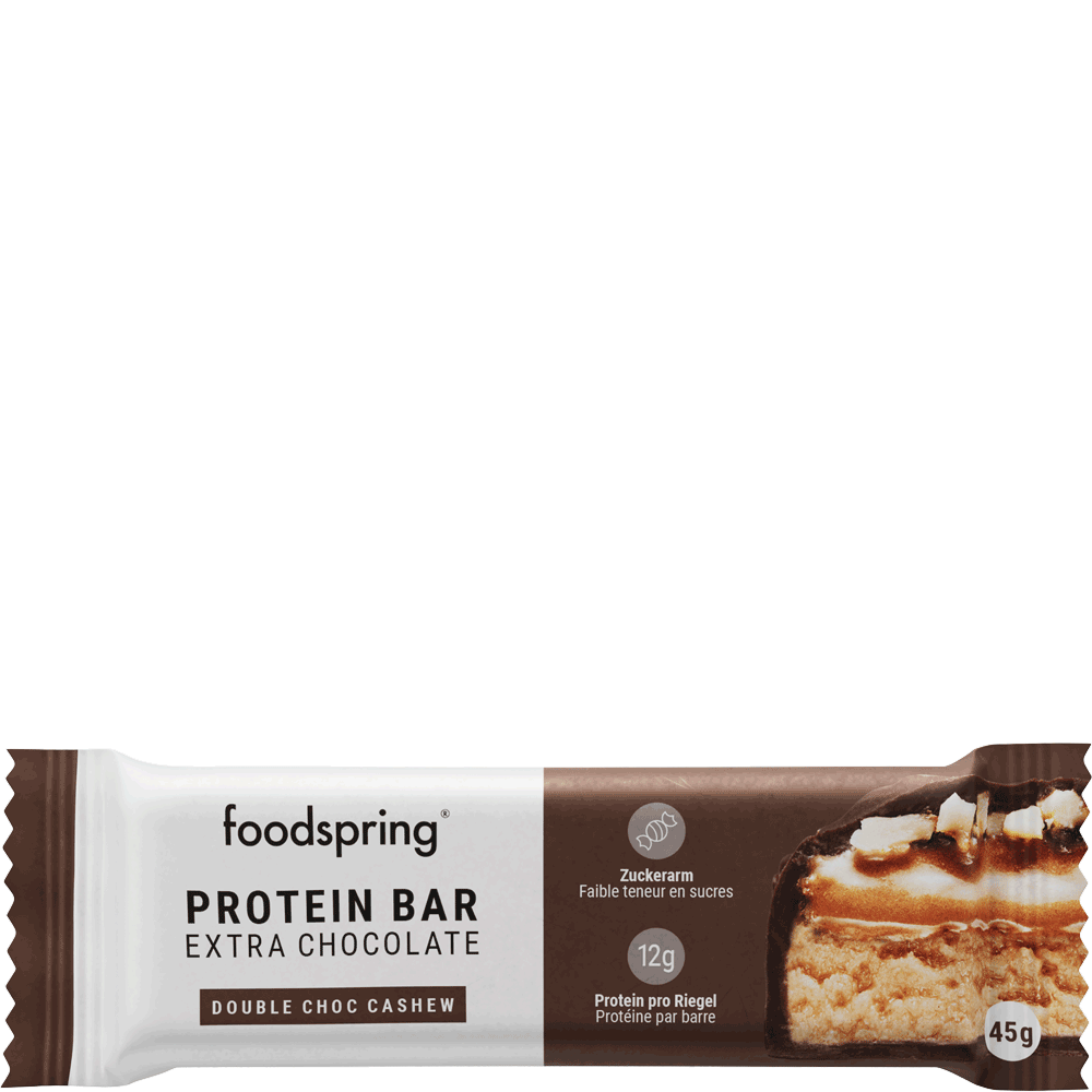 Bild: foodspring Portein Bar Extra Chocolate Double Choc Cashew 