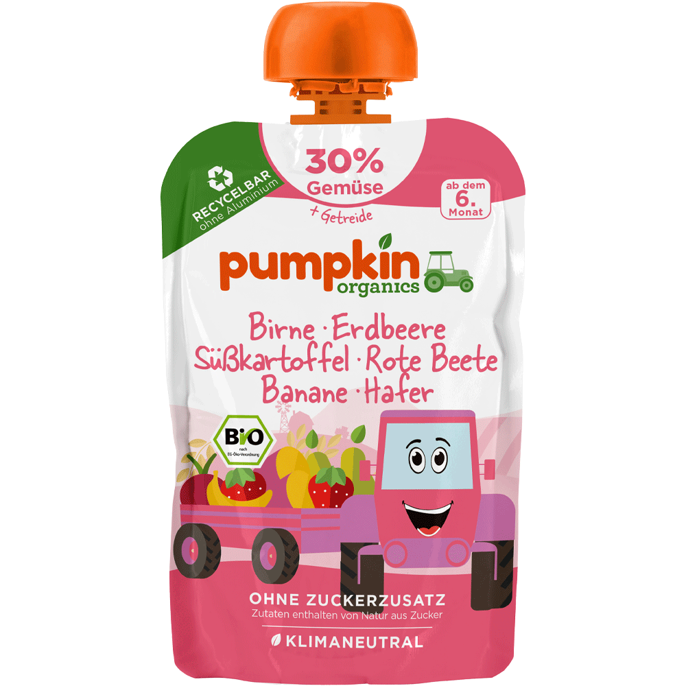 Bild: pumpkin organics Quetschie Birne Erdbeere Süßkartoffel Rote Beete Banane Hafer 