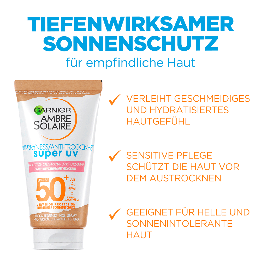 Bild: GARNIER AMBRE SOLAIRE Sensitive Anti-Trockenheit Sonnencreme LSF 50+ 