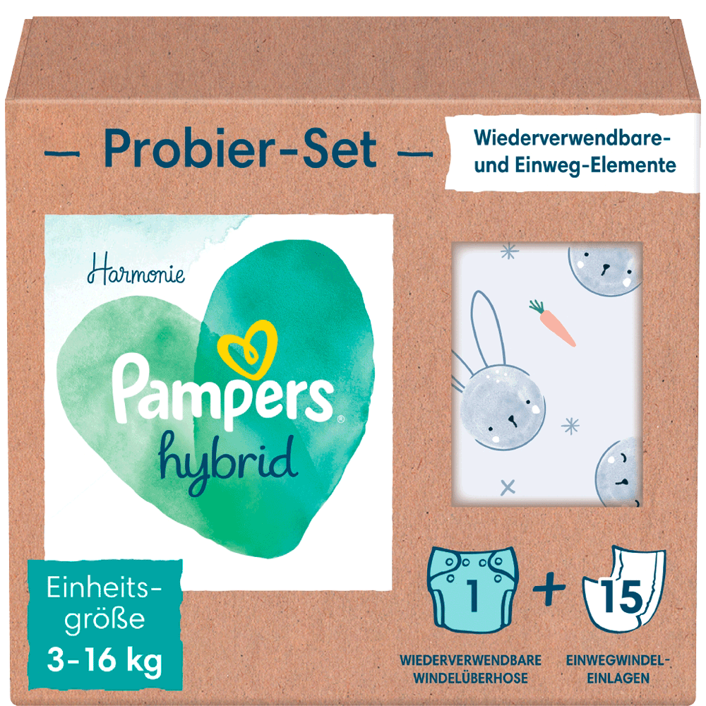 Bild: Pampers Harmonie Hybrid Babywindeln, Probier-Set, Windelüberhose und Einwegeinlagen 