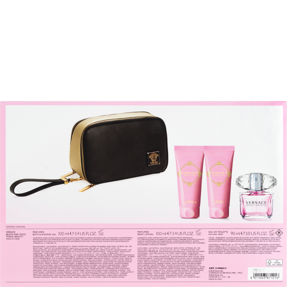 Bild: Versace Bright Crystal Geschenkset Eau de Toilette 90 ml + Duschgel 100 ml + Bodylotion 100 ml + Kosmetiktasche 