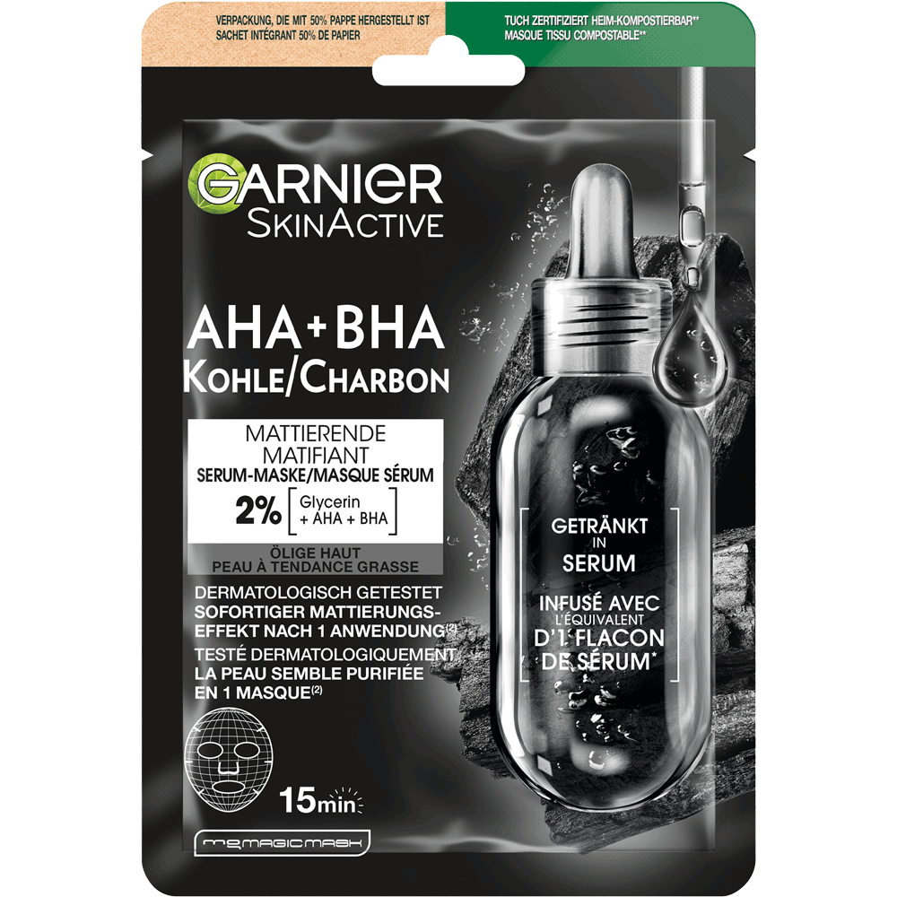 Bild: GARNIER SKIN ACTIVE AHA + BHA Kohle Serum-Tuchmaske 