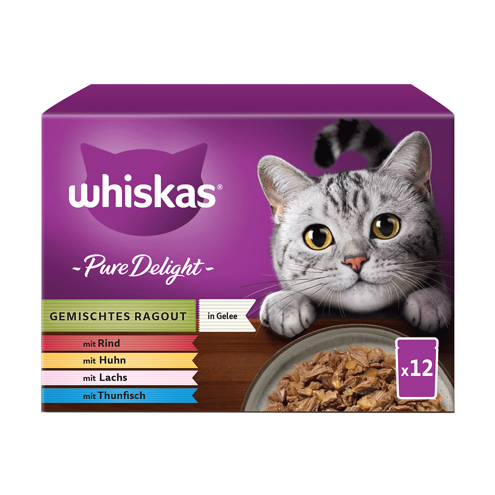 Bild: Whiskas Pure Delight Gemischtes Ragout Rind Huhn Lachs Thunfisch
